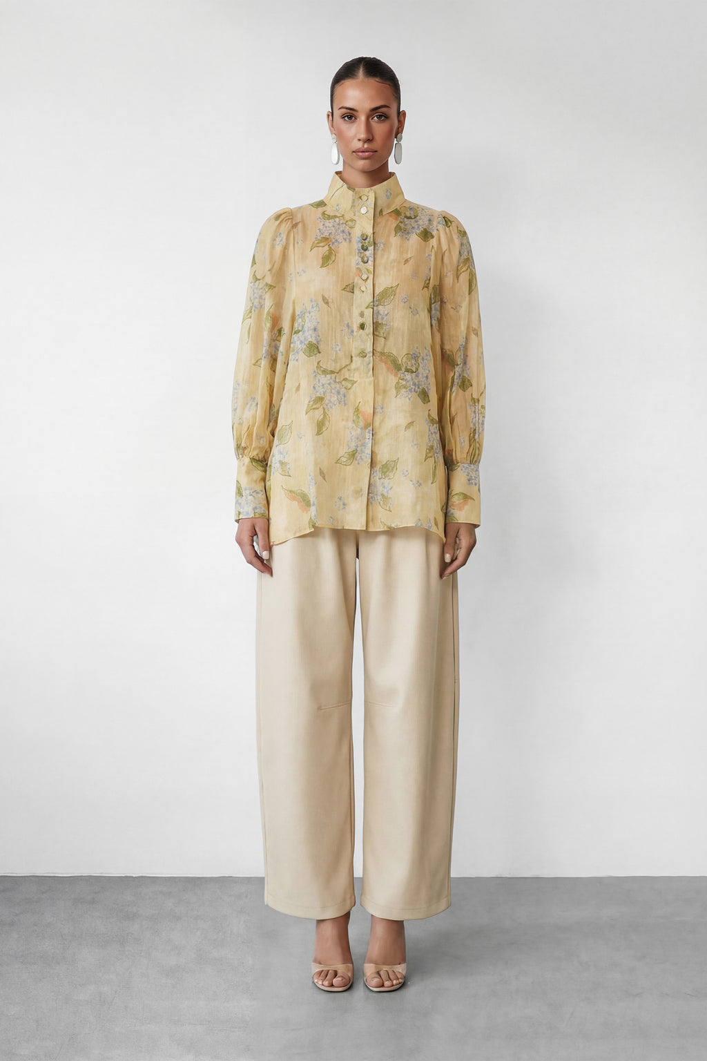 Garden Story Beige Floral Print High Neck Blouse