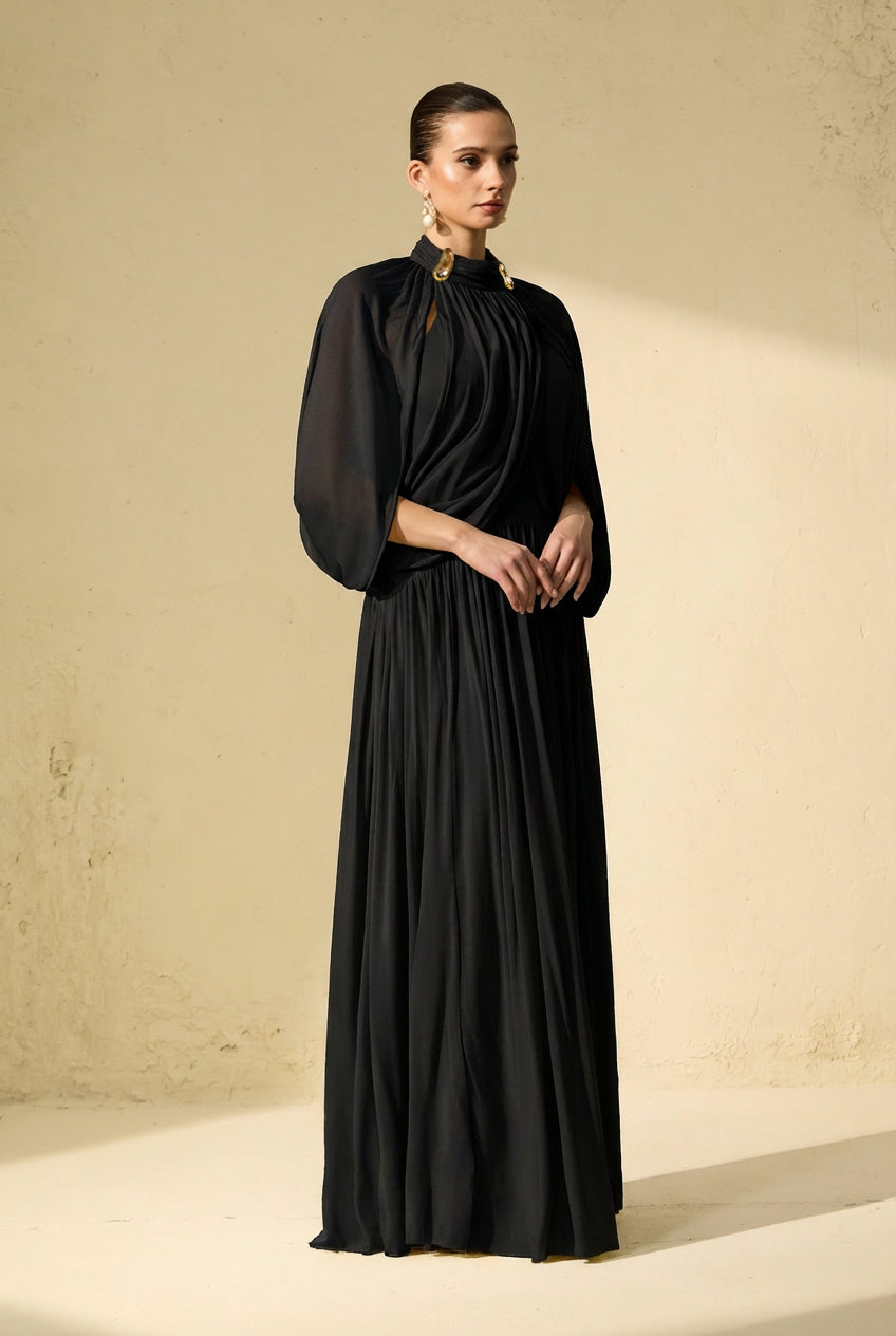 Twilight Whispers Black Draped Cape Sleeve Knit Maxi Dress