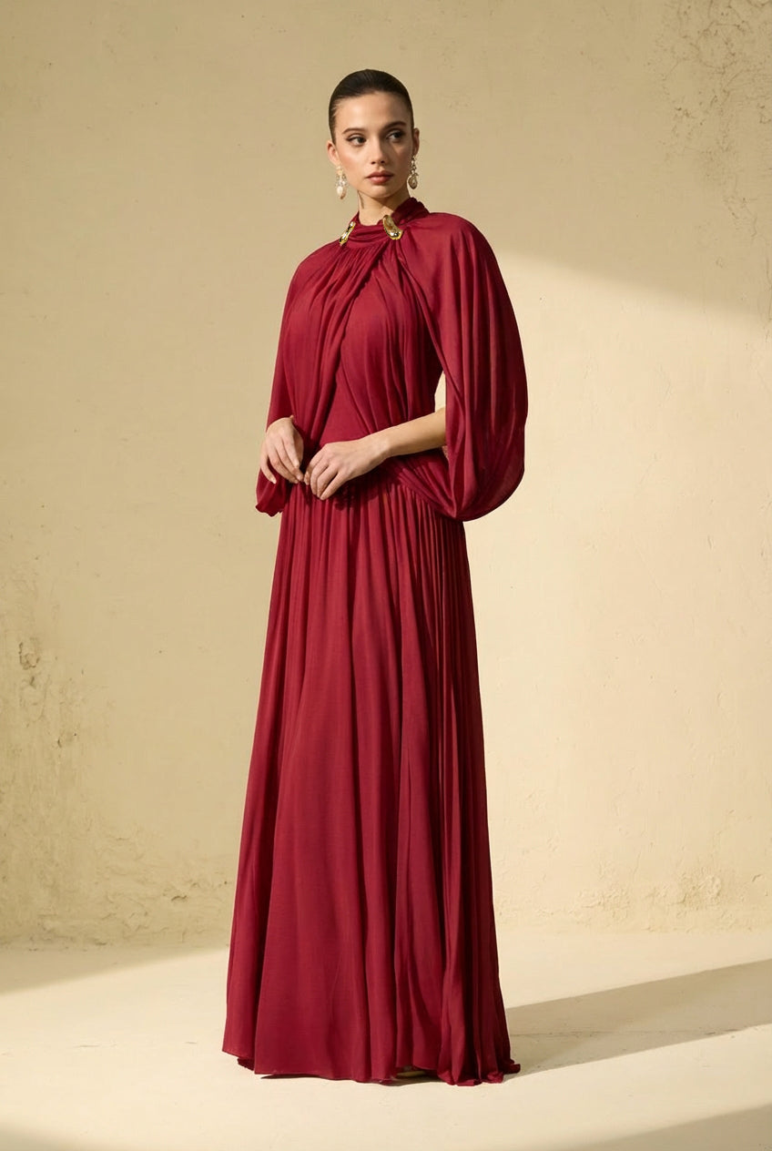 Twilight Whispers Red Draped Cape Sleeve Knit Maxi Dress