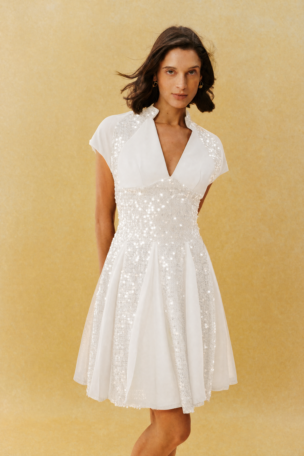 Just Enough White Sequin V Neck Cap Sleeve Mini Dress