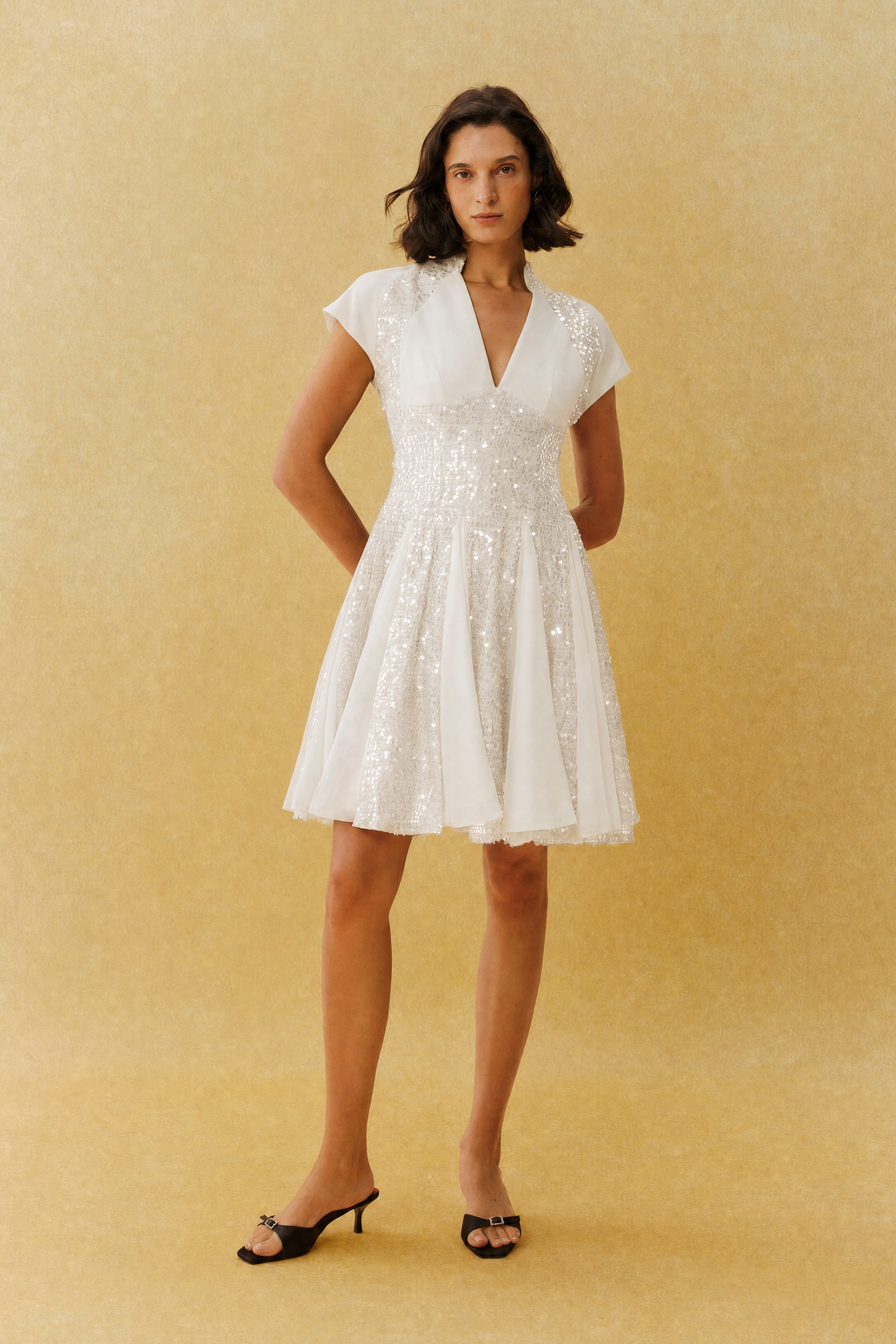Just Enough White Sequin V Neck Cap Sleeve Mini Dress