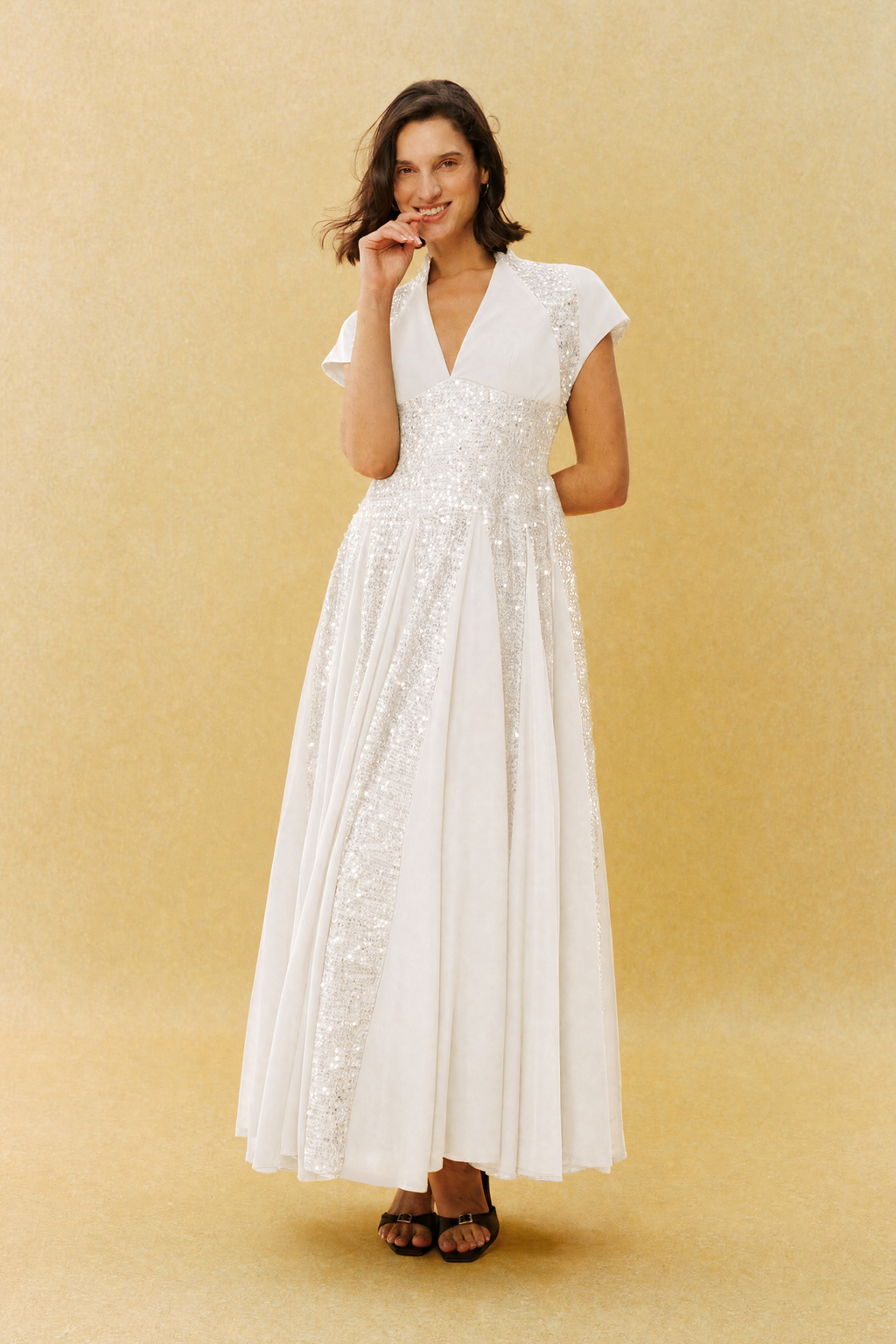 Just Enough White Sequin V Neck Cap Sleeve Maxi Dress