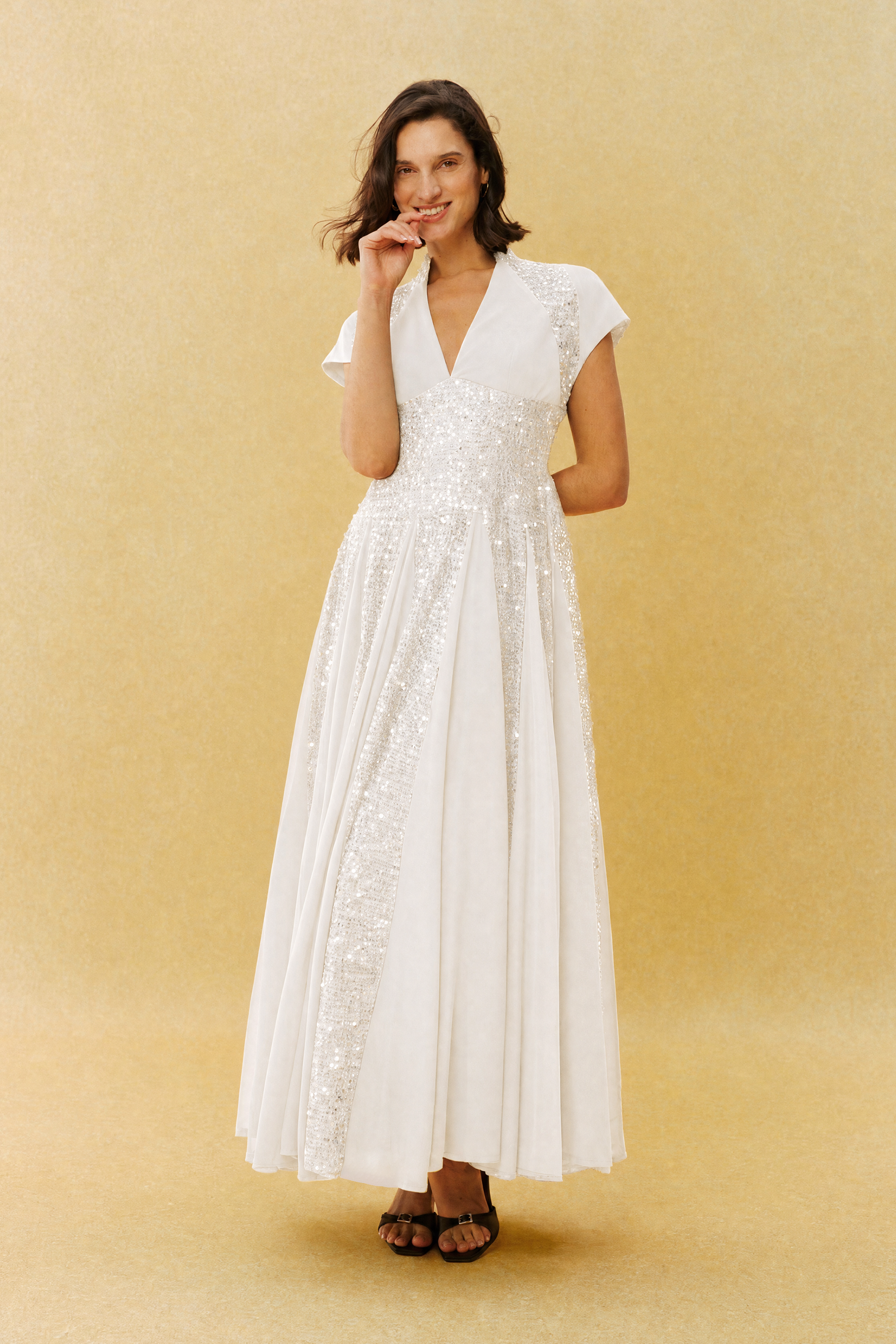 Just Enough White Sequin V Neck Cap Sleeve Maxi Dress