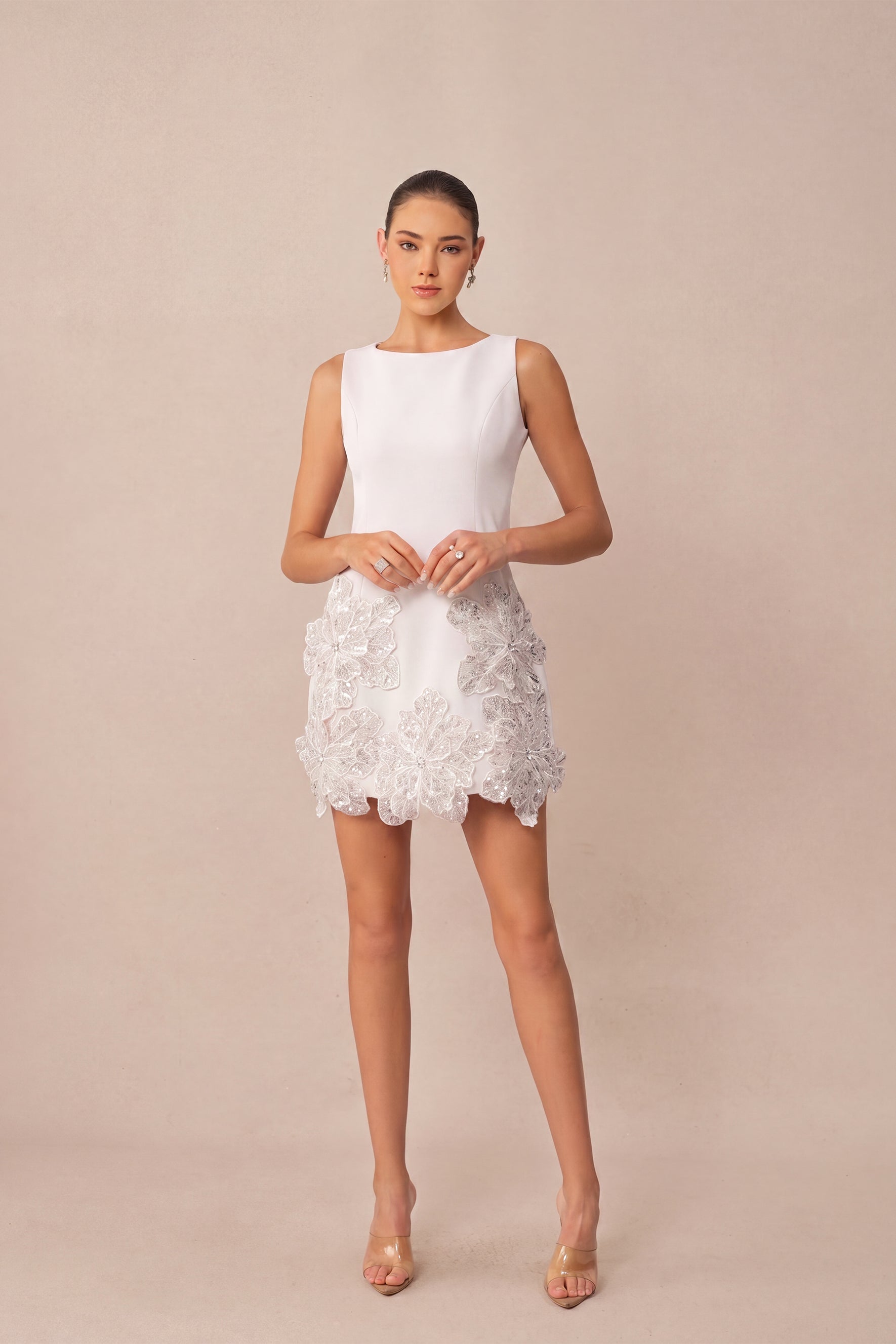Effortlessly Alluring White Sequin Floral Applique Sleeveless Mini Dress