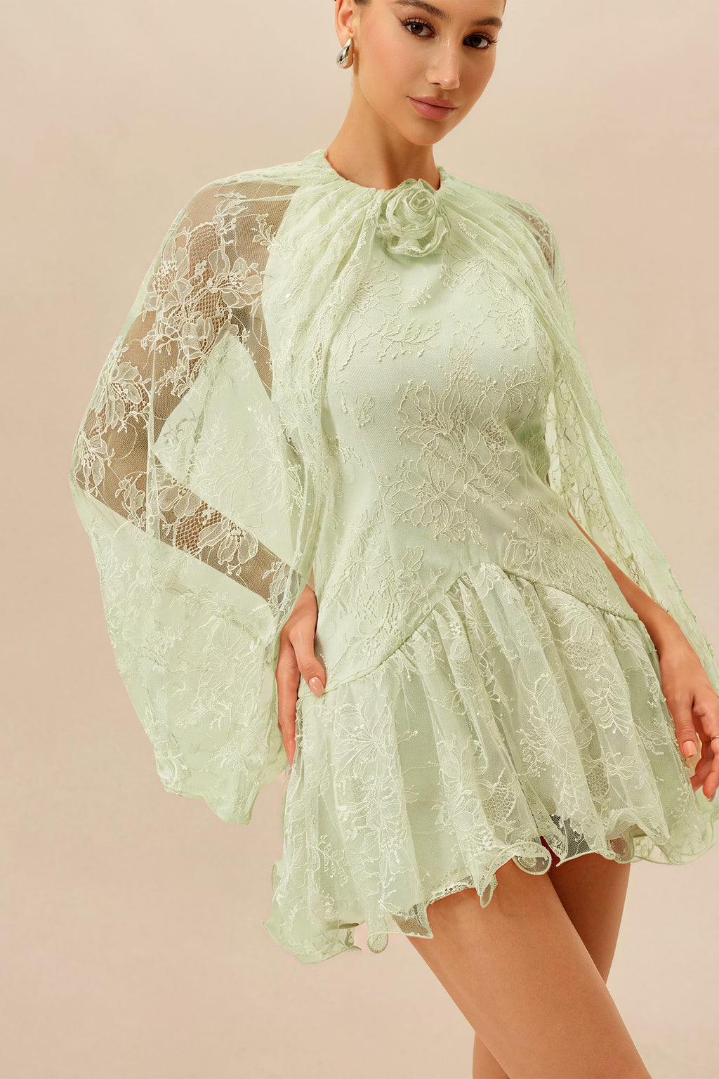 Sunday Stroll Light Green Cape Sleeve Floral Lace Mini Dress