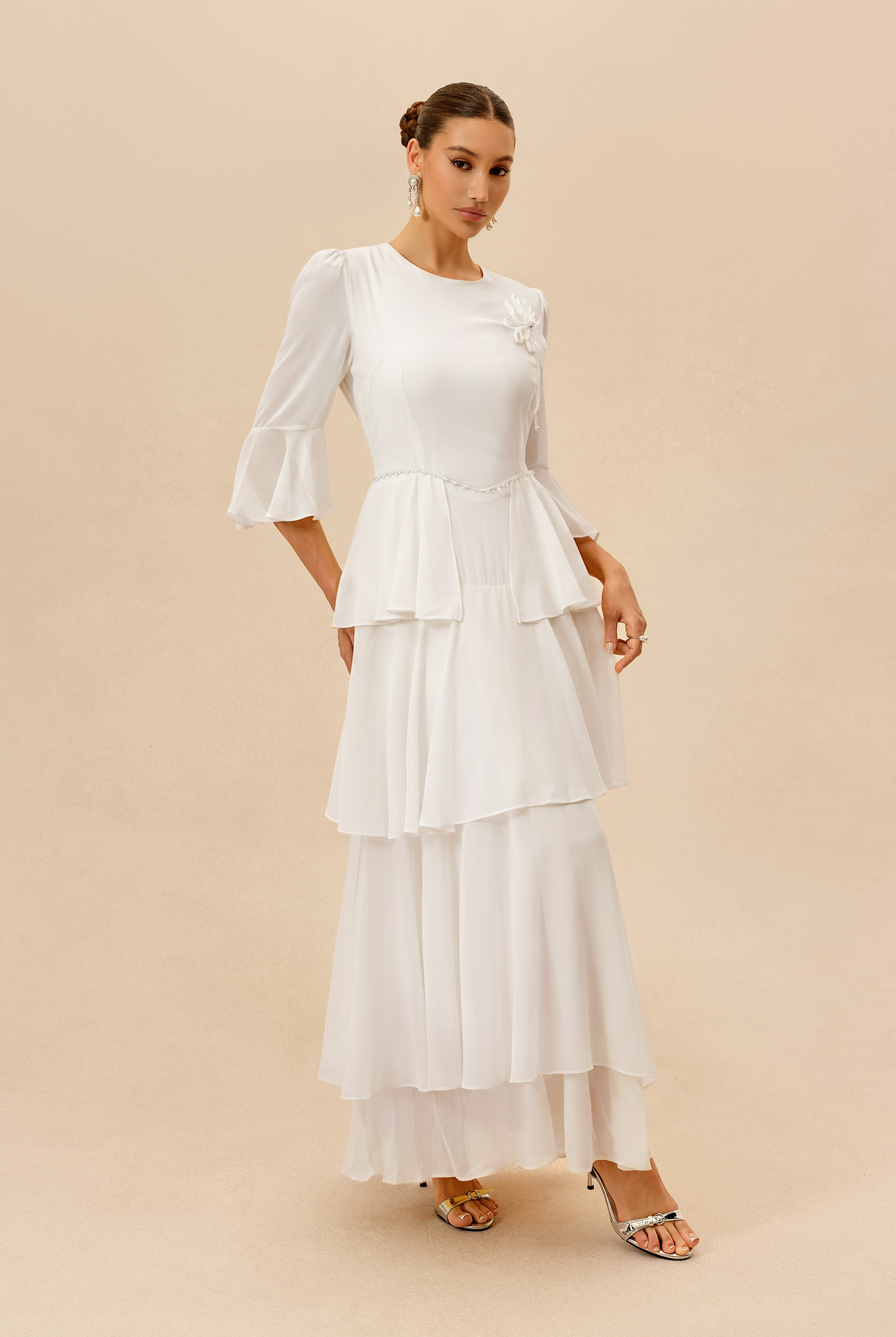 Soft Attraction White Flared Sleeve Tiered Maxi Dress