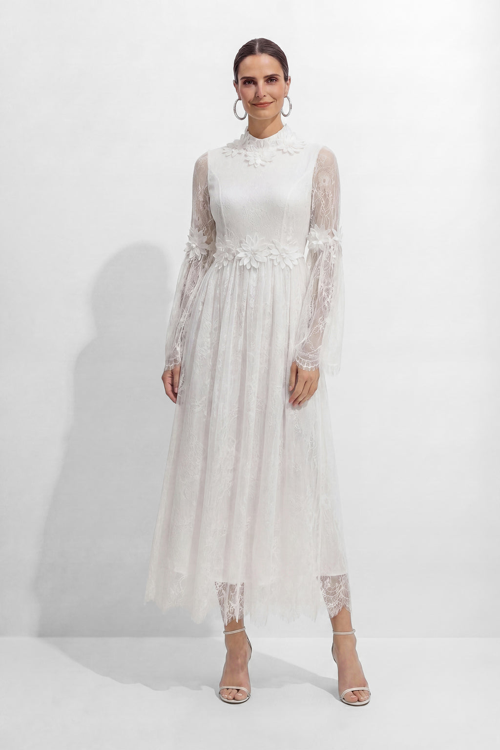 Bright Beauty White Floral Applique Sheer Lace Maxi Dress