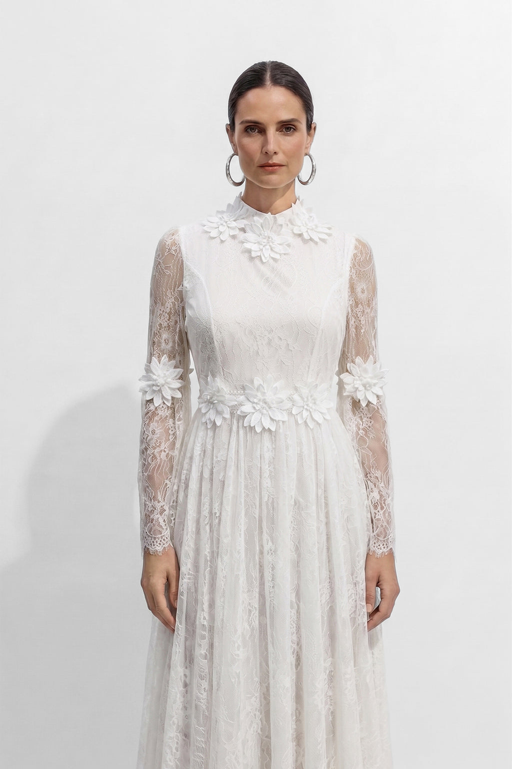 Bright Beauty White Floral Applique Sheer Lace Maxi Dress
