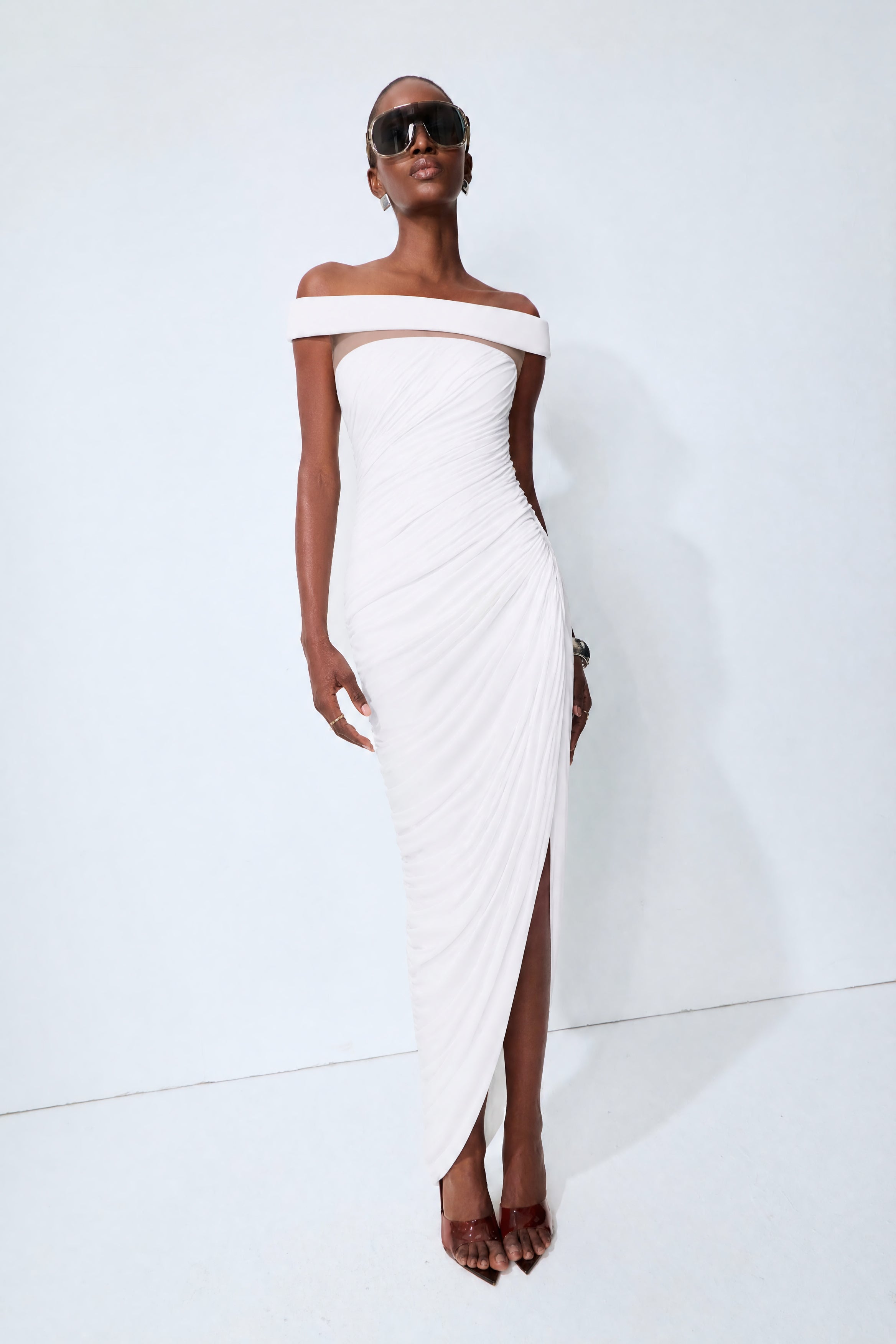 Monaco Mood White Off Shoulder Asymmetric Maxi Dress