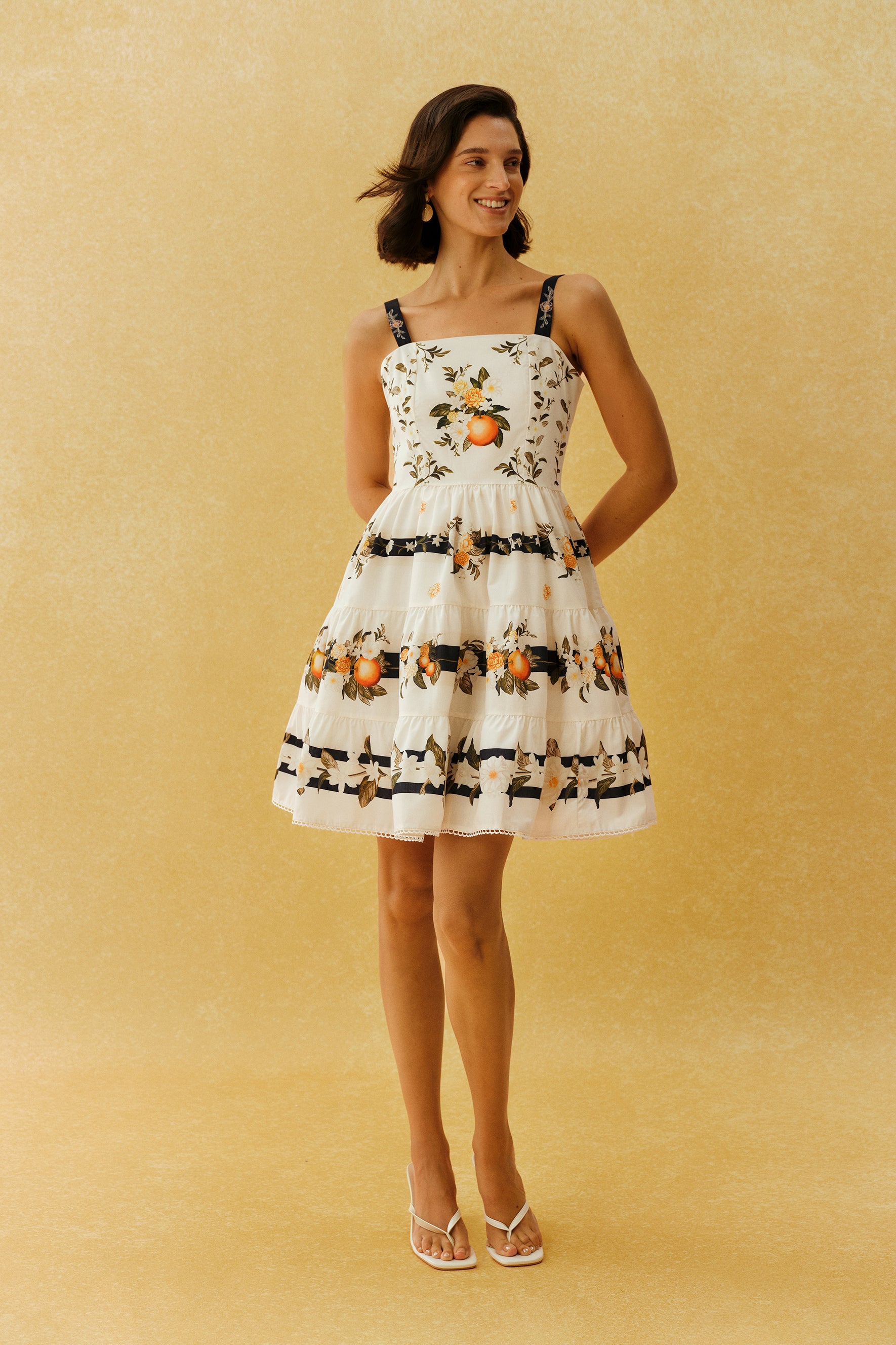 Sicilian Daydream White Orange Print Spaghetti Strap Mini Dress