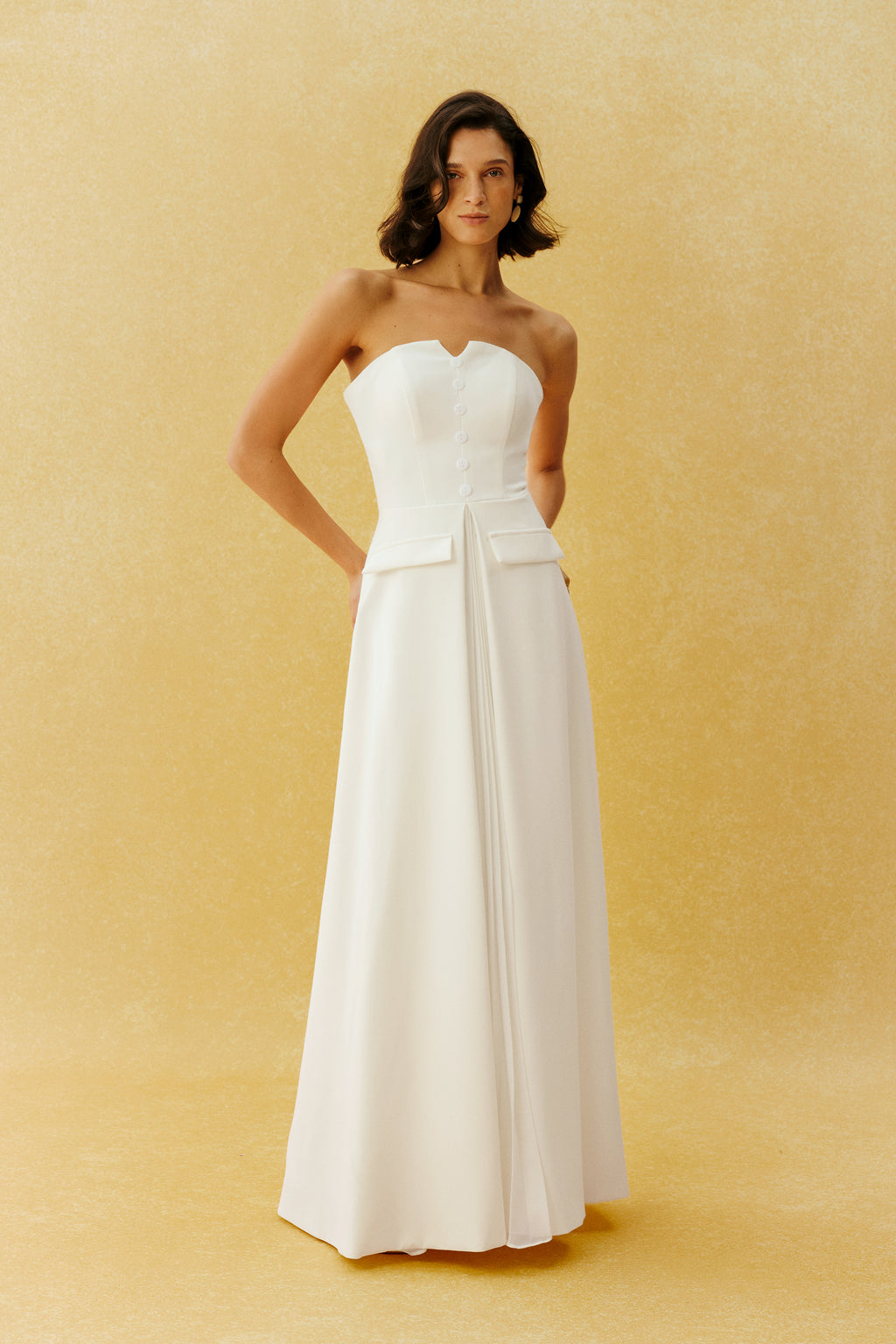Classic Beauty White Strapless Button Front Maxi Dress