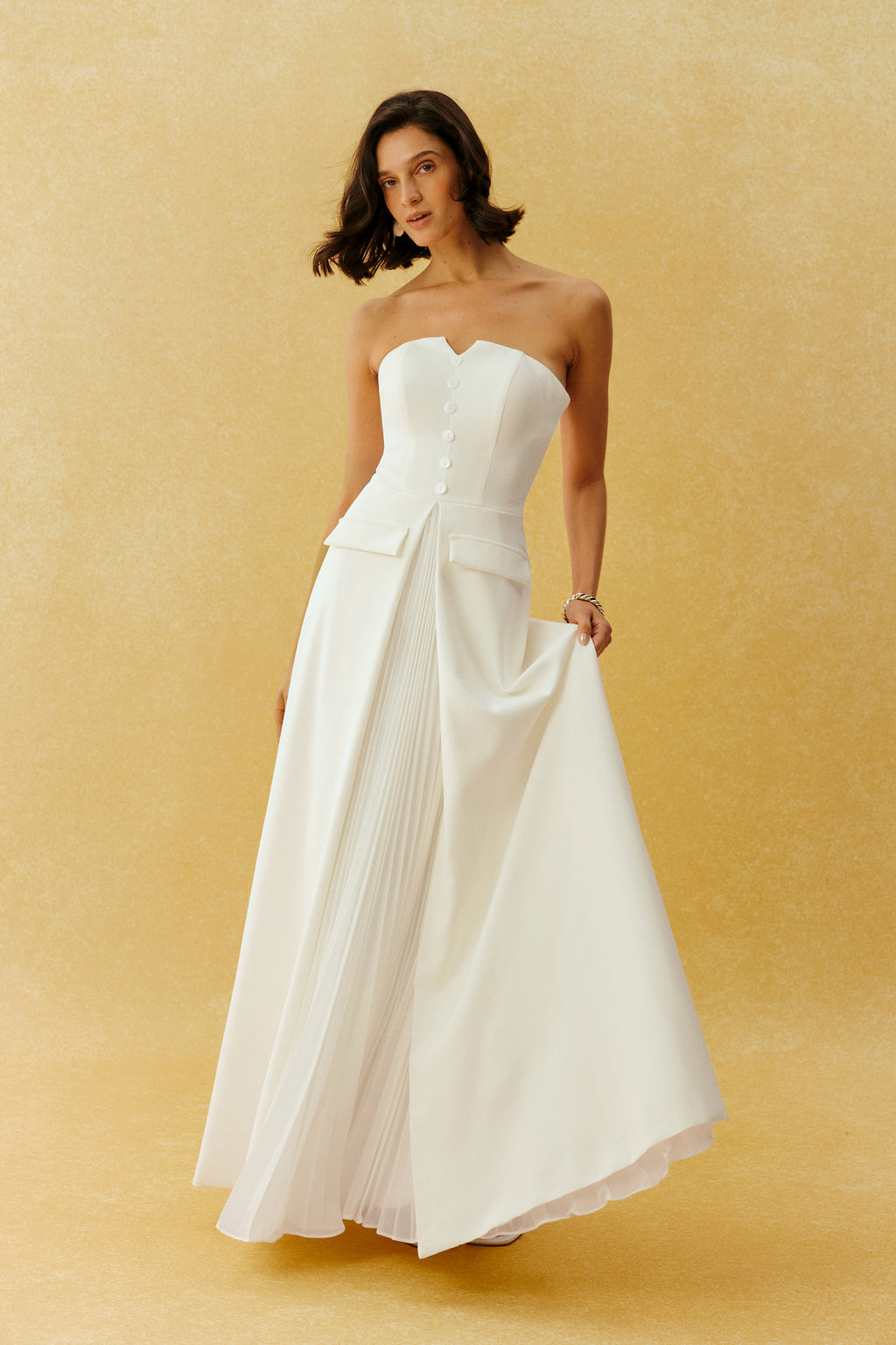 Classic Beauty White Strapless Button Front Maxi Dress