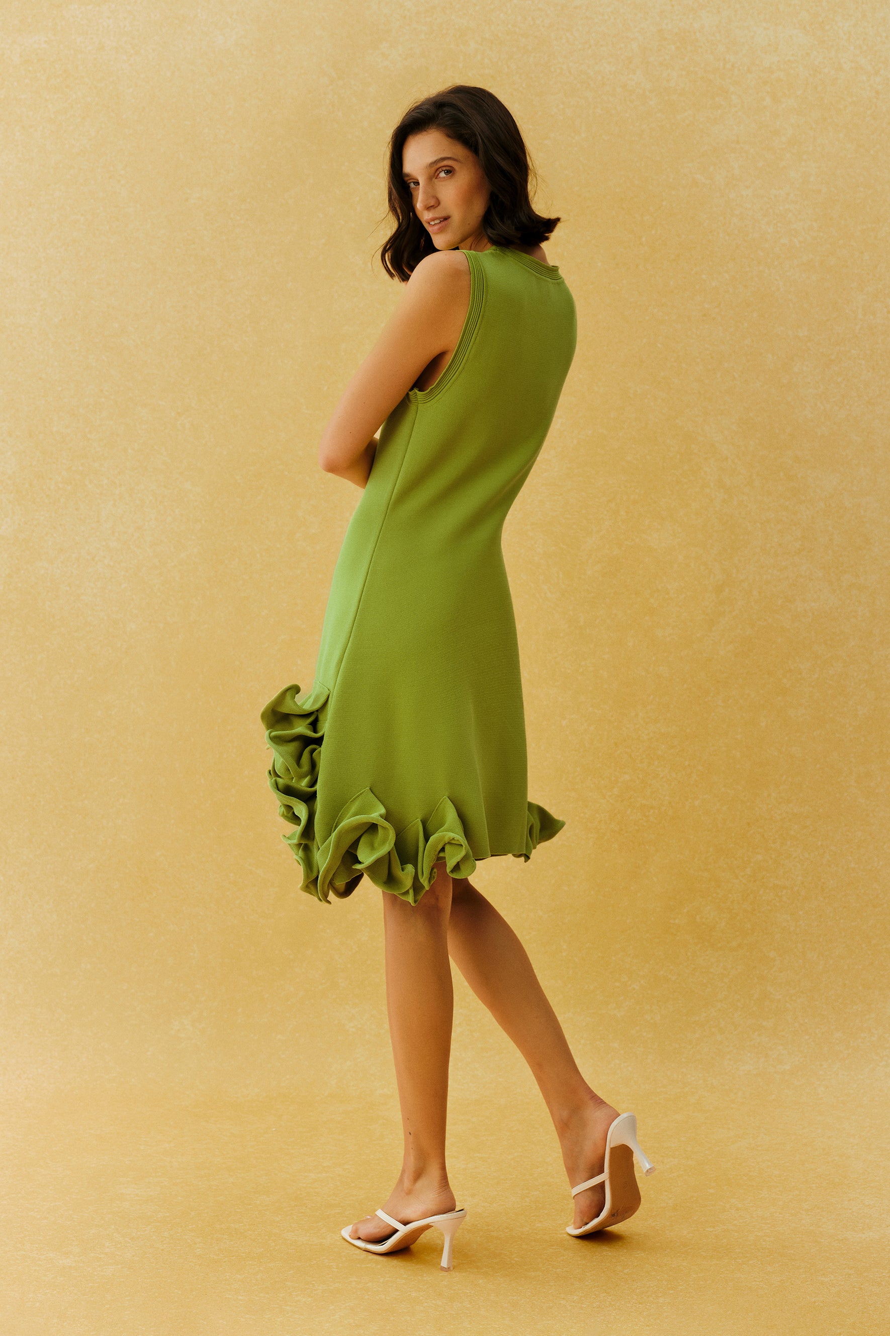 Making Memories Green Sleeveless Ruffle Hem Knit Mini Dress