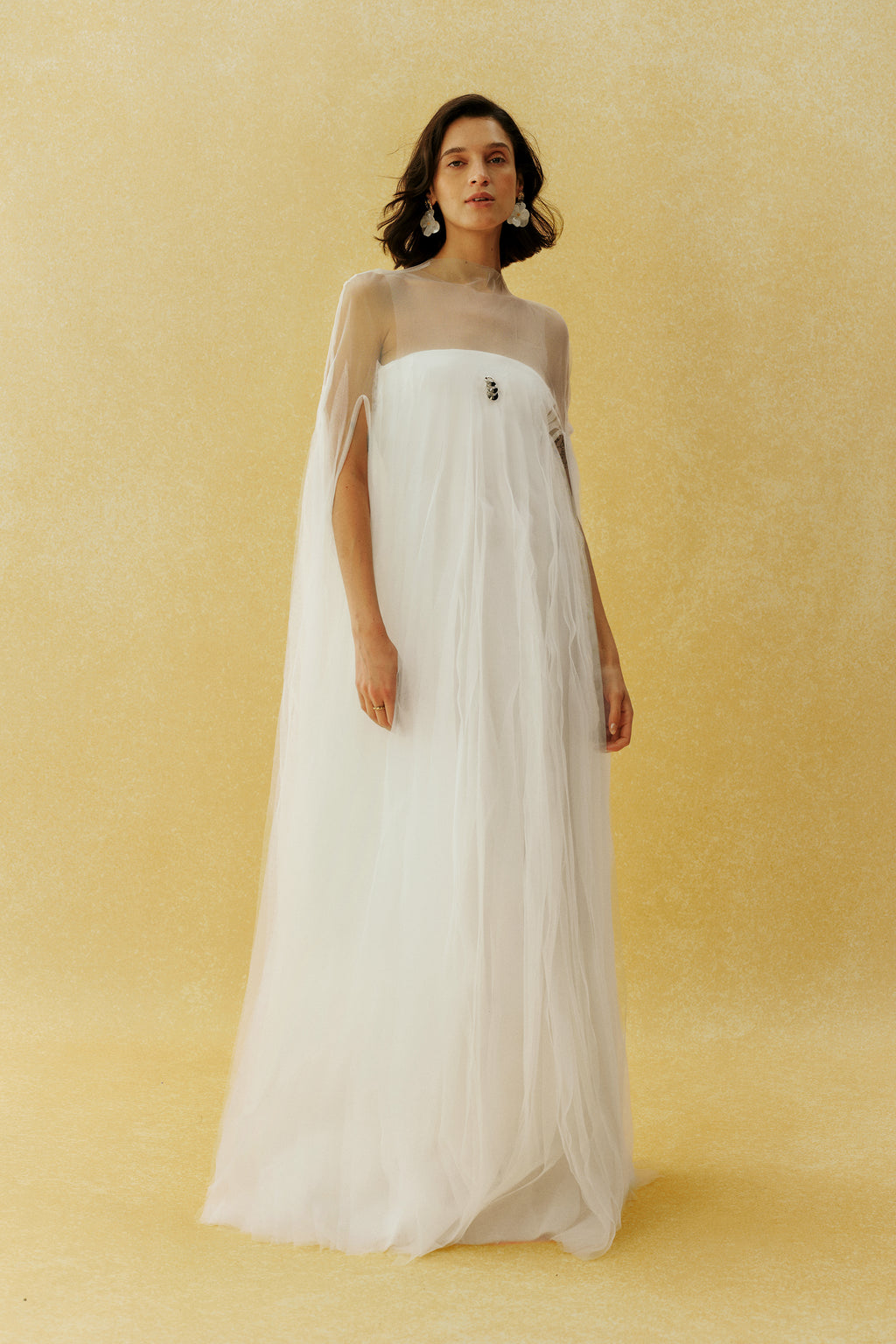 Following My Heart White Sheer Cape Sleeve Tulle Maxi Dress