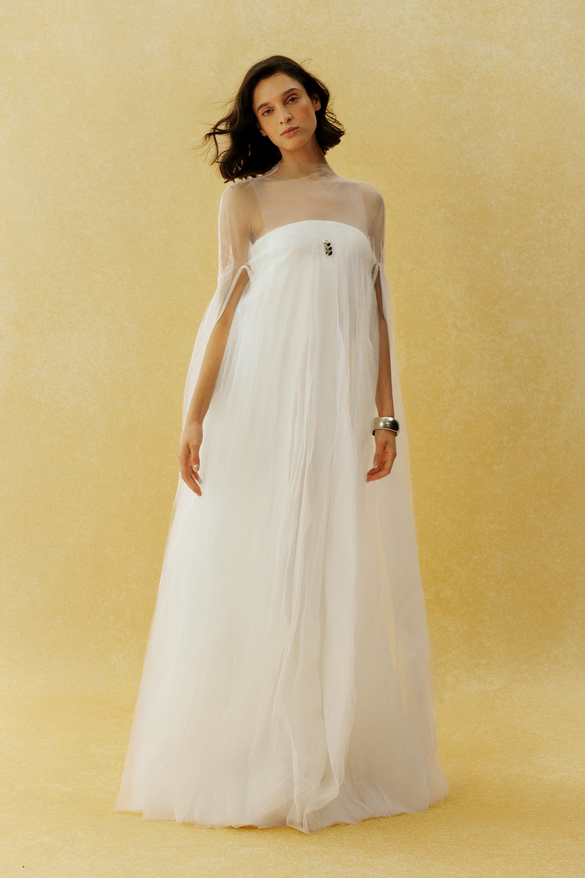 Following My Heart White Sheer Cape Sleeve Tulle Maxi Dress
