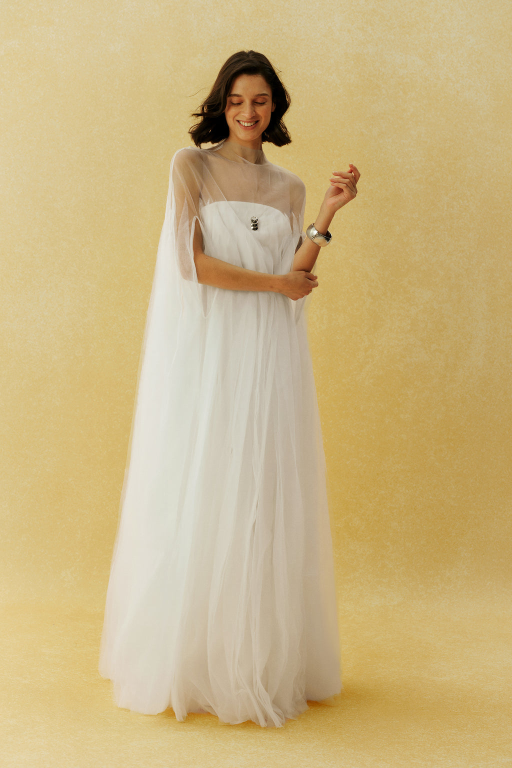 Following My Heart White Sheer Cape Sleeve Tulle Maxi Dress