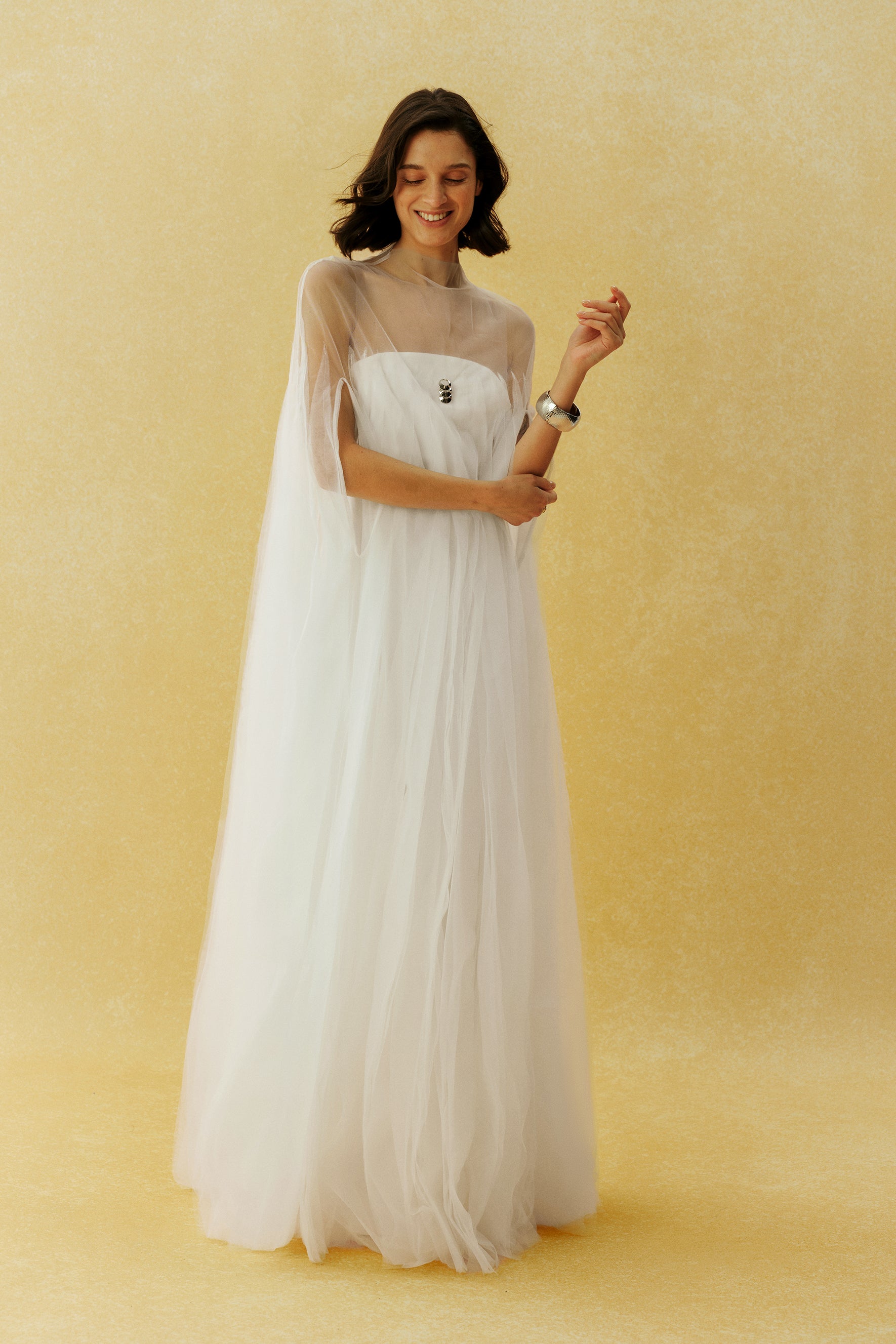 Following My Heart White Sheer Cape Sleeve Tulle Maxi Dress