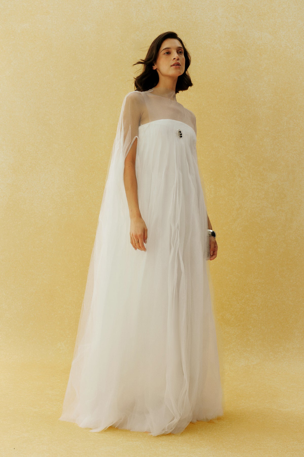 Following My Heart White Sheer Cape Sleeve Tulle Maxi Dress