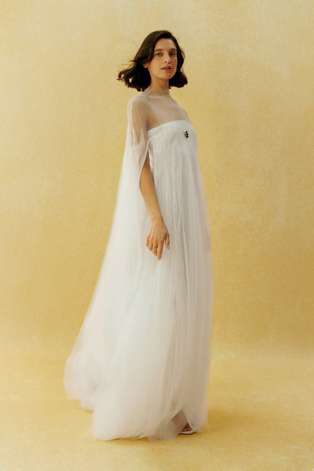 Following My Heart White Sheer Cape Sleeve Tulle Maxi Dress