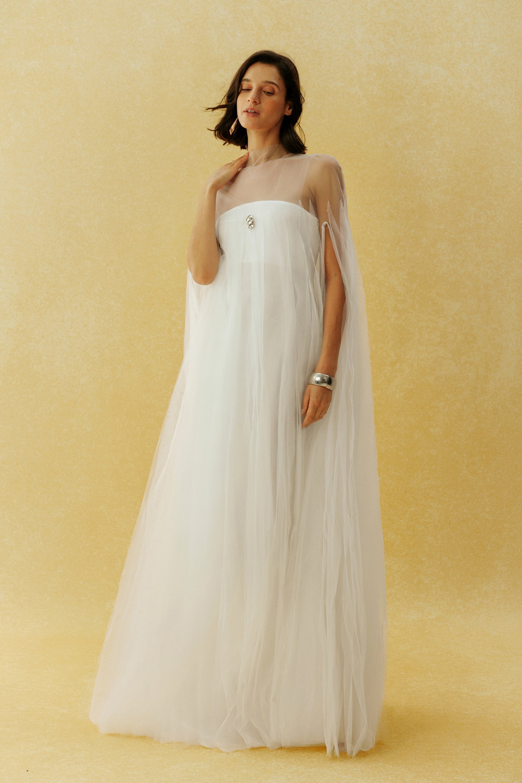Following My Heart White Sheer Cape Sleeve Tulle Maxi Dress