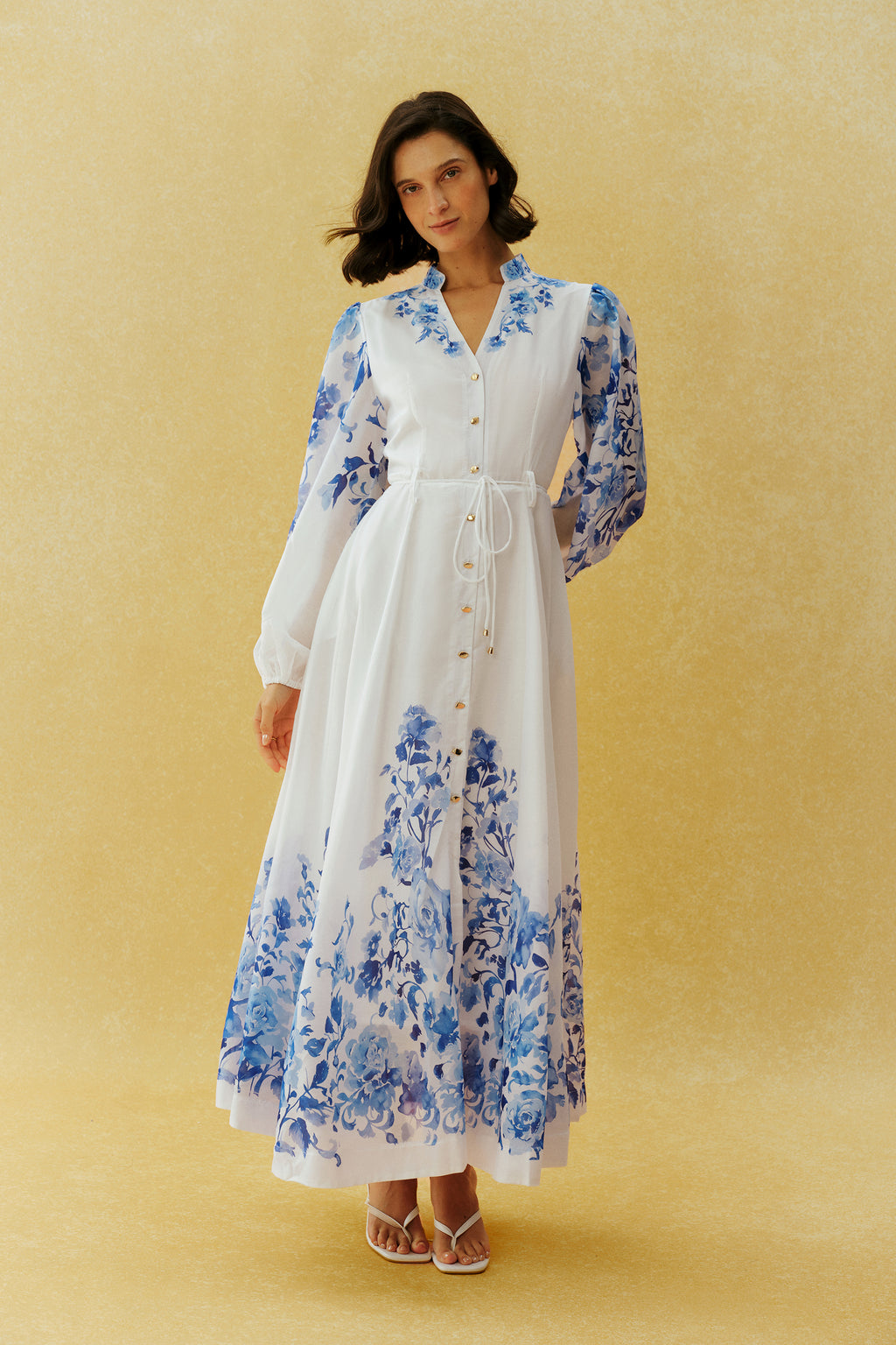 Naturally Charming White Floral Print Stand Collar Maxi Dress