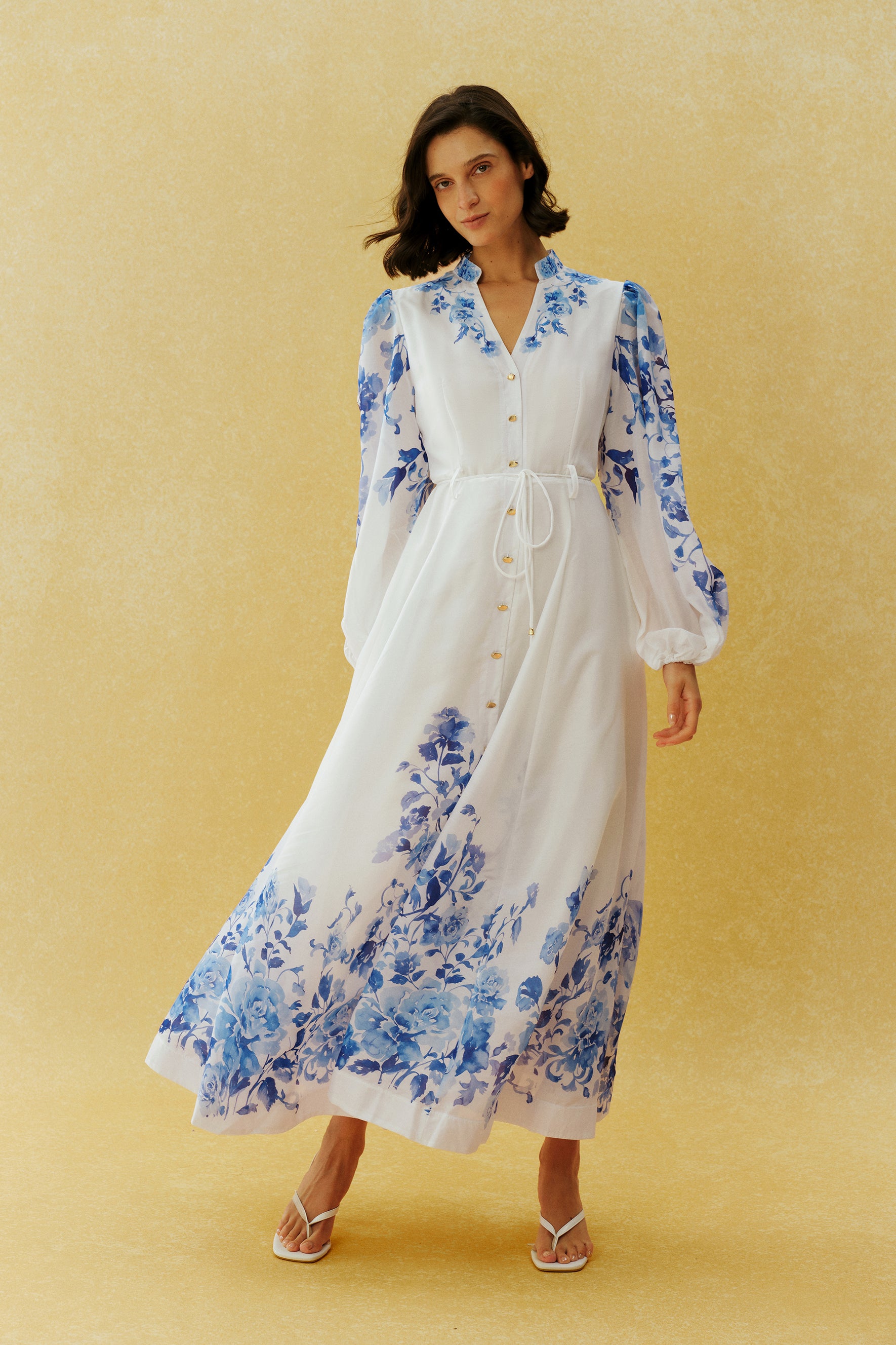 Naturally Charming White Floral Print Stand Collar Maxi Dress
