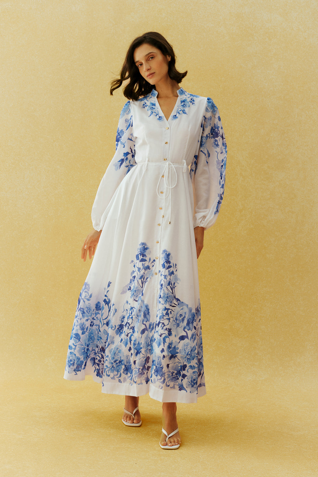 Naturally Charming White Floral Print Stand Collar Maxi Dress