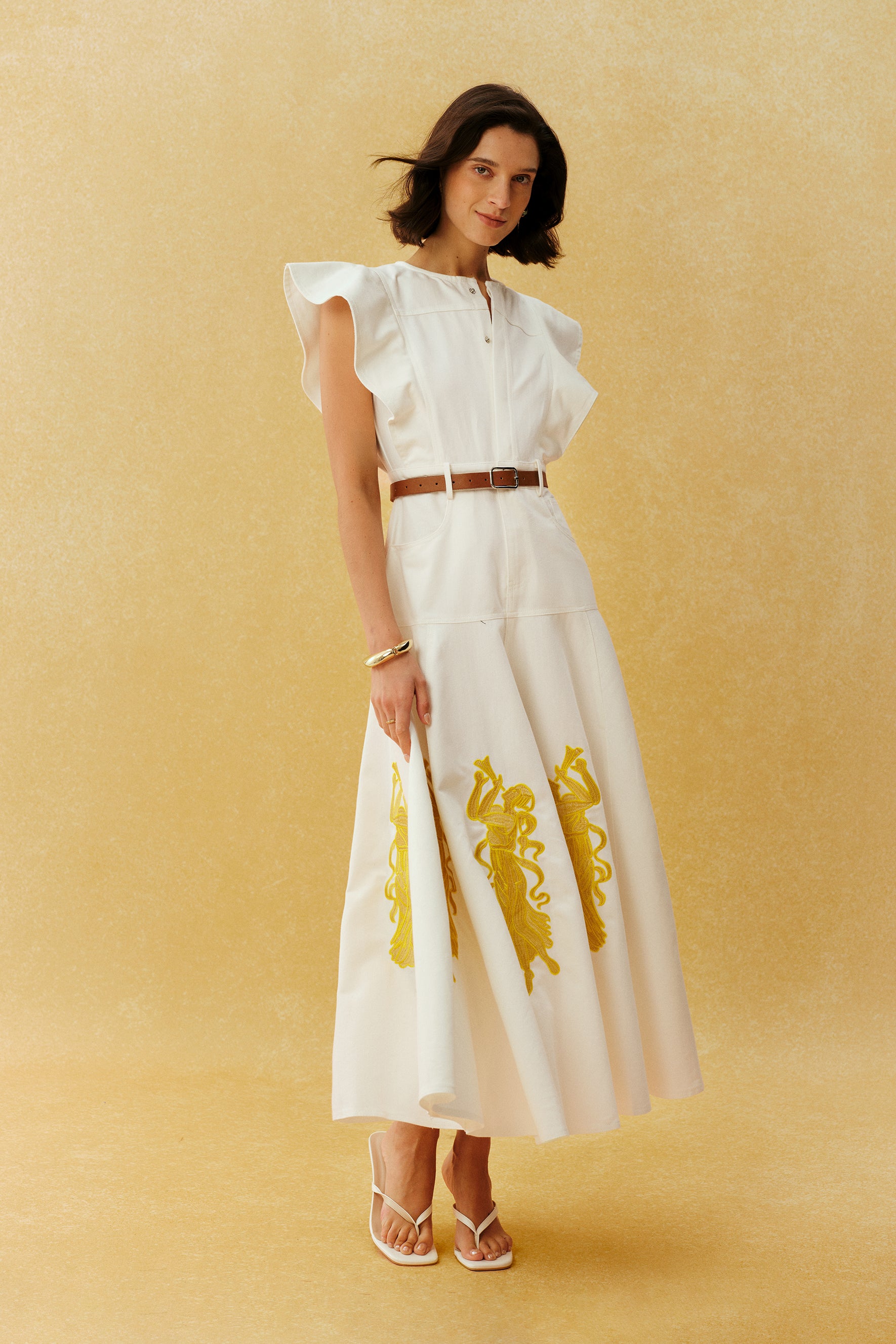 Something Lovely White Figure Embroidery Ruffle Sleeve Maxi Dress