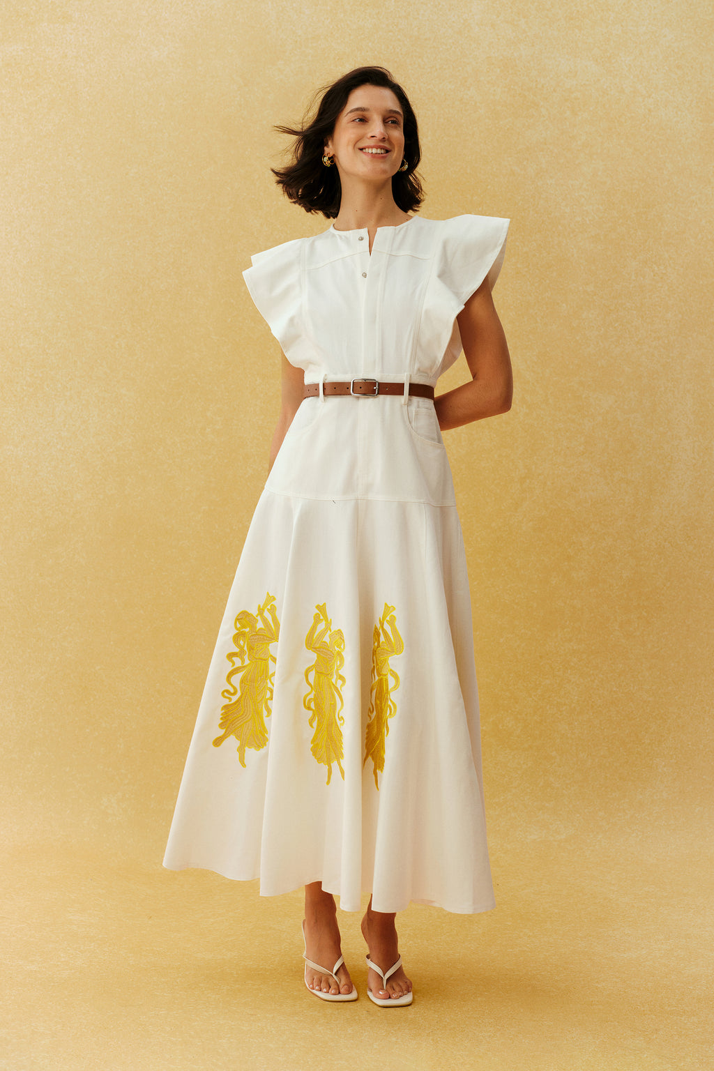 Something Lovely White Figure Embroidery Ruffle Sleeve Maxi Dress