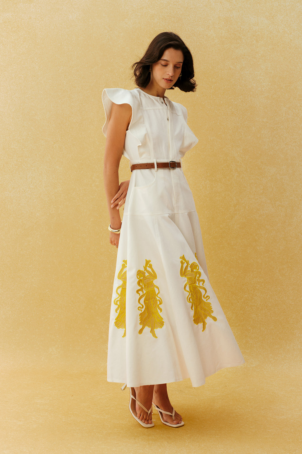 Something Lovely White Figure Embroidery Ruffle Sleeve Maxi Dress