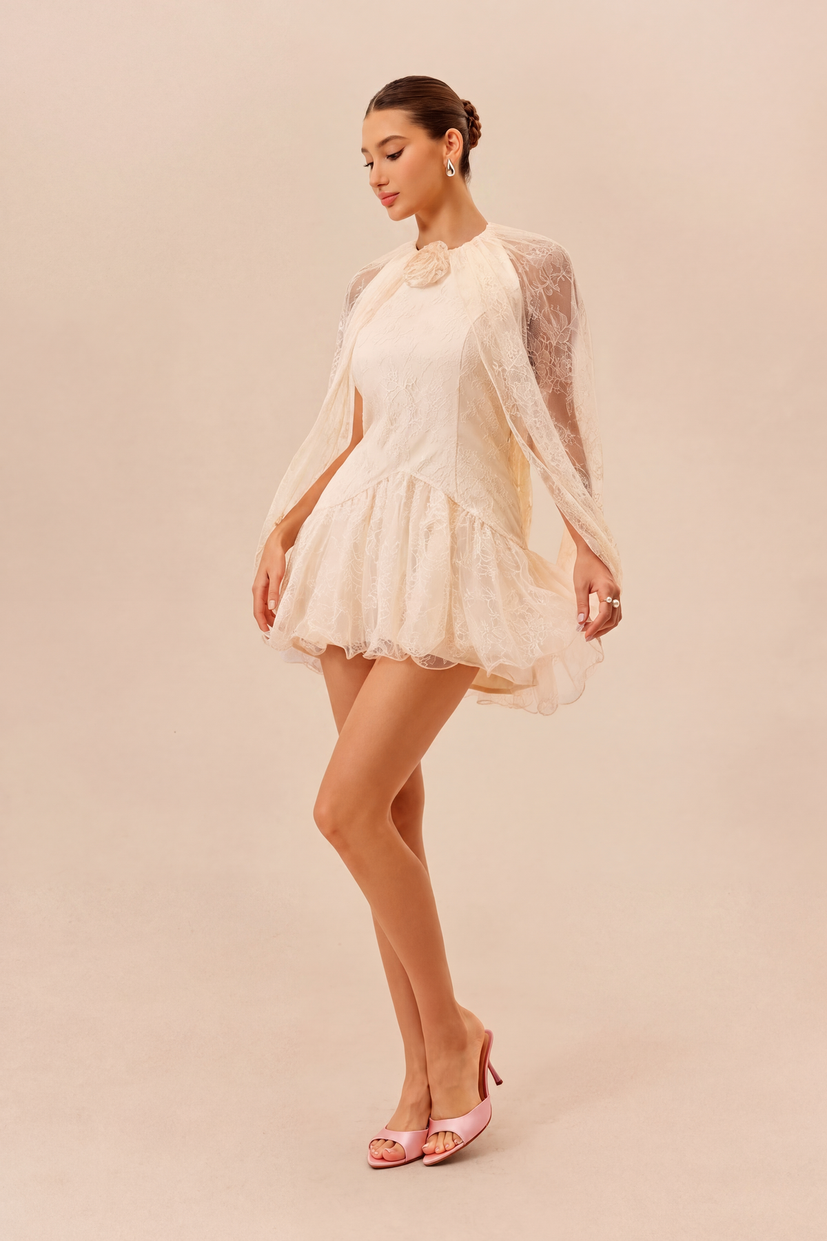 Sunday Stroll Apricot Cape Sleeve Floral Lace Mini Dress