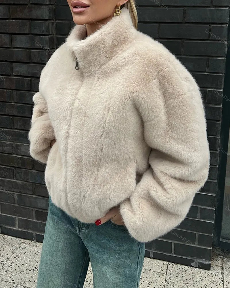 Vertical Collar Zipper Plush Short Jacket
