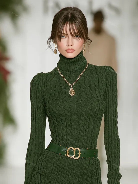 Slim-Fit Knit Mini Dress With High Neck