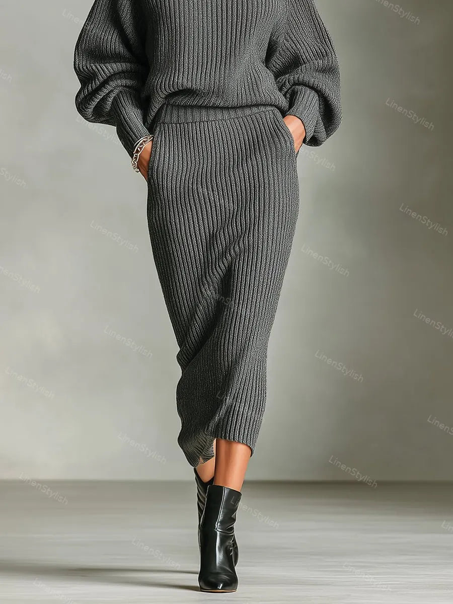 Simple Turtleneck Sweater Knitted Skirt Set