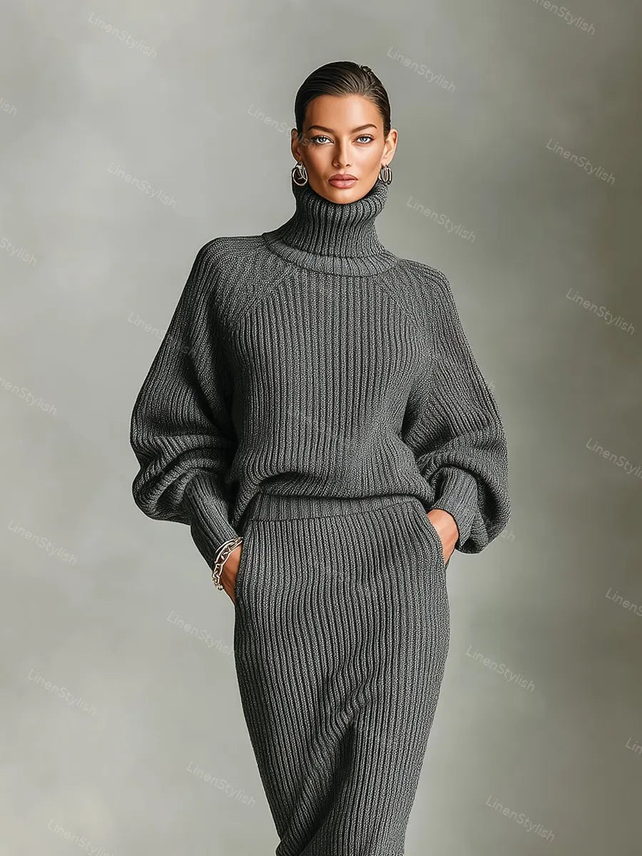 Simple Turtleneck Sweater Knitted Skirt Set