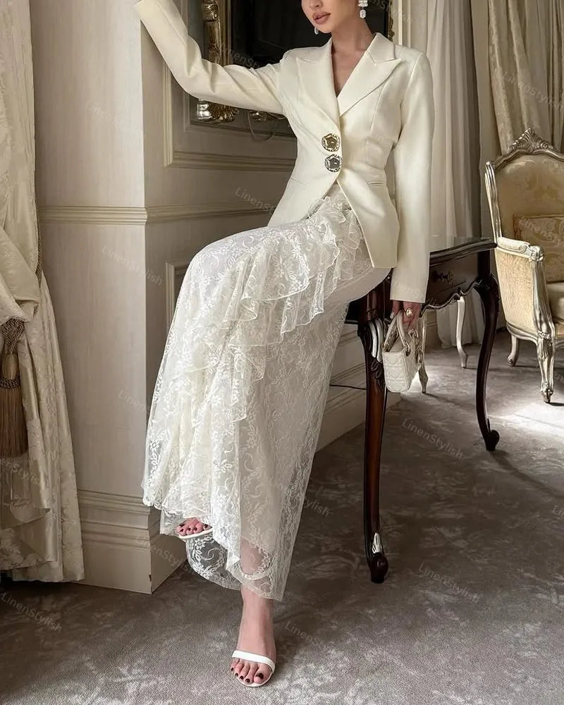 Fashion Blazer & Lace Overskirt Two-piece Set
