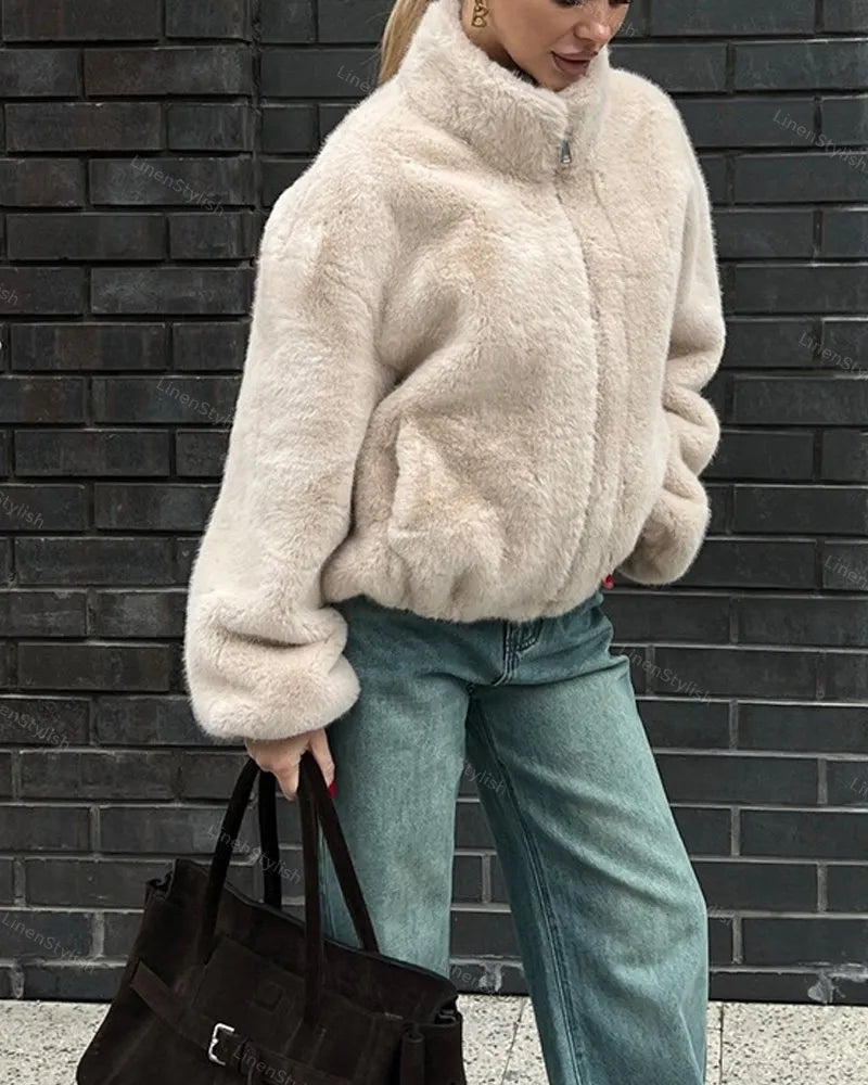 Vertical Collar Zipper Plush Short Jacket