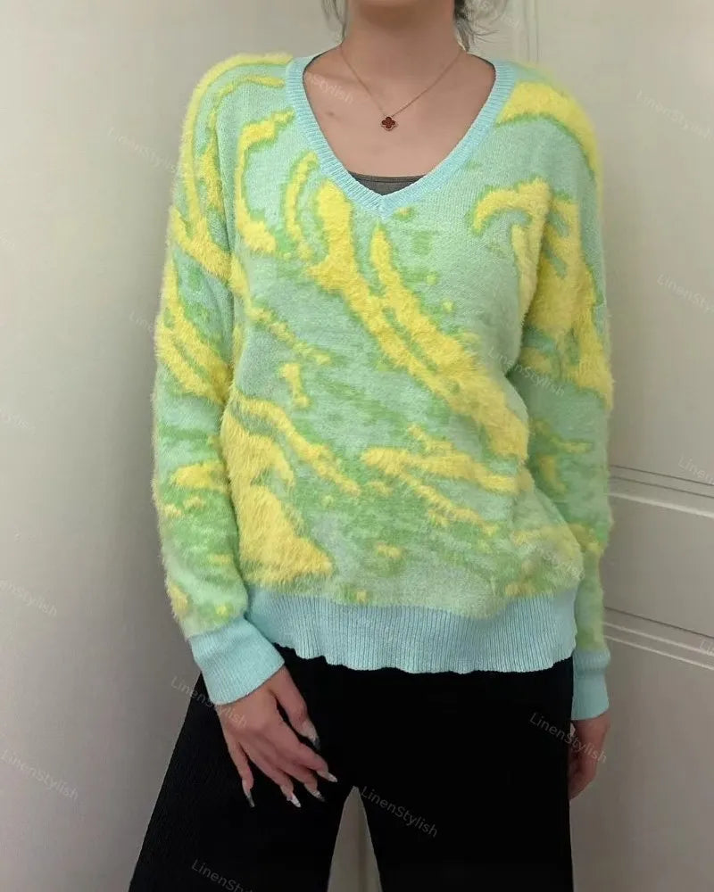 V-Neck Jacquard Pullover Sweater