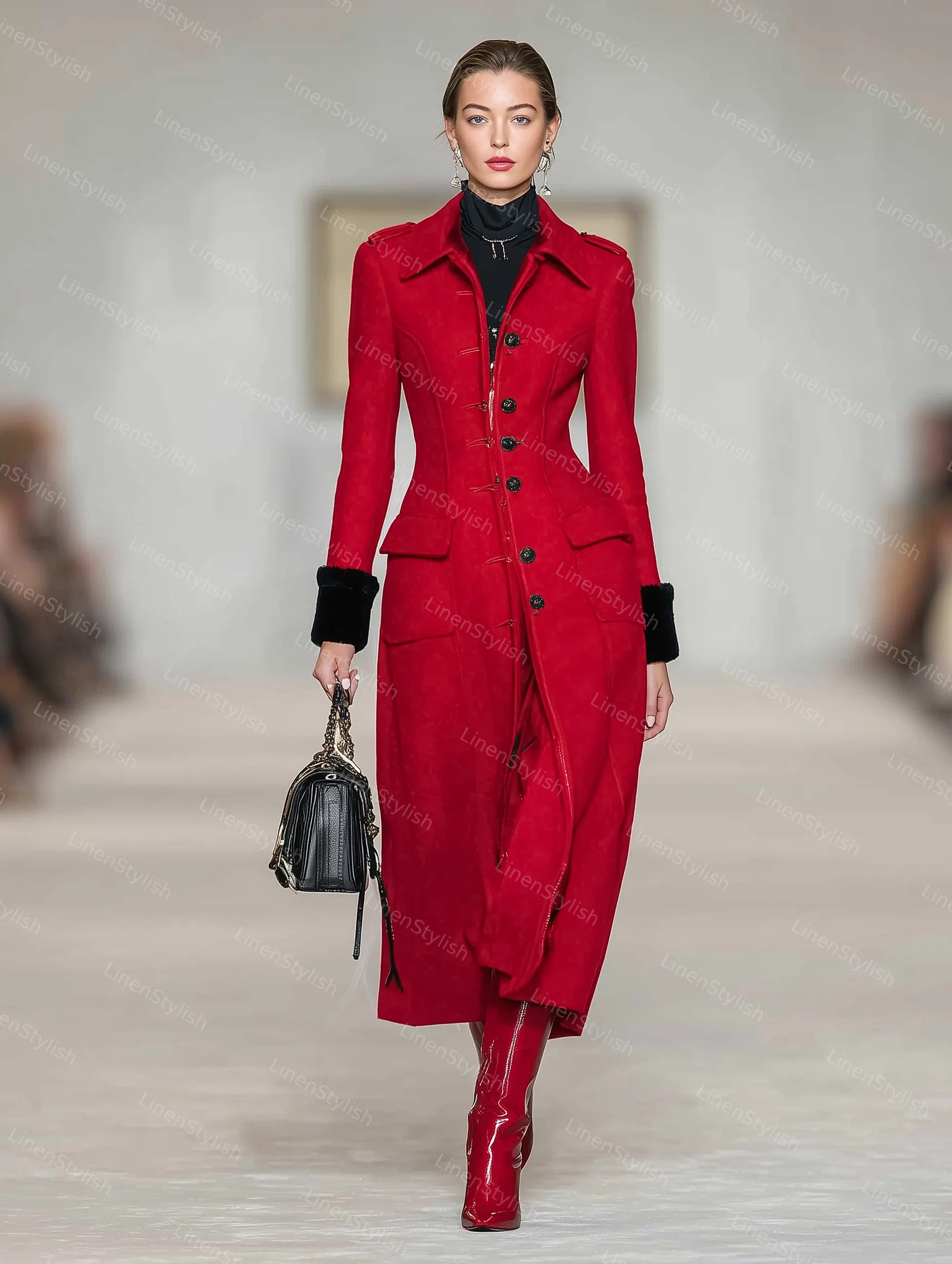 Red Long Coat With Single-breasted Pocket