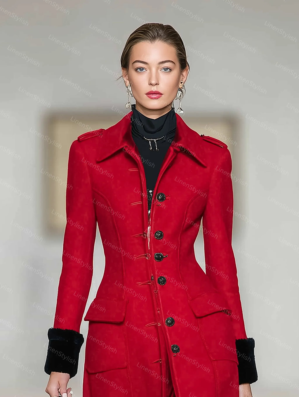Red Long Coat With Single-breasted Pocket