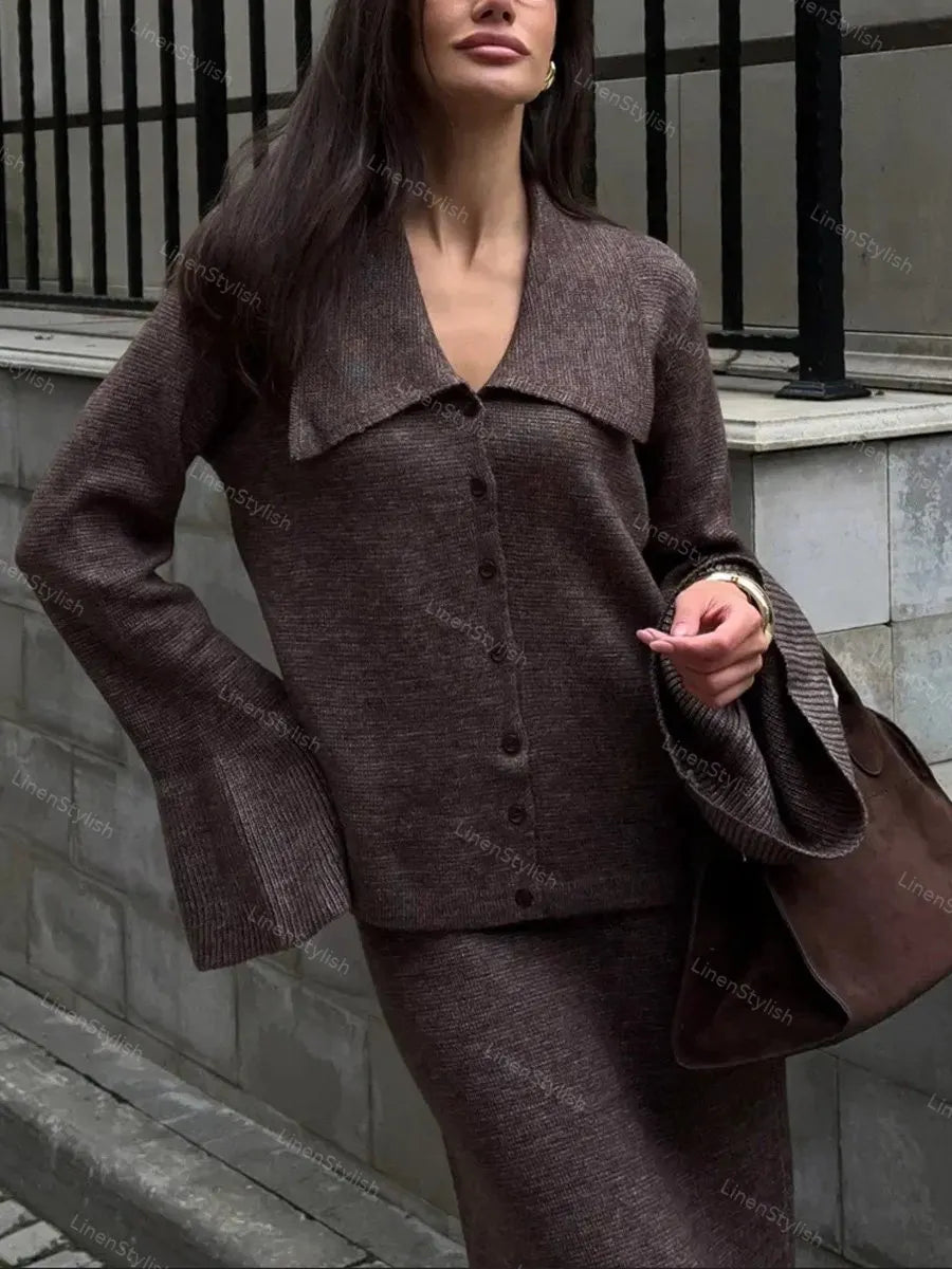 V-neck Knitted Cardigan Skirt Two-piece Set