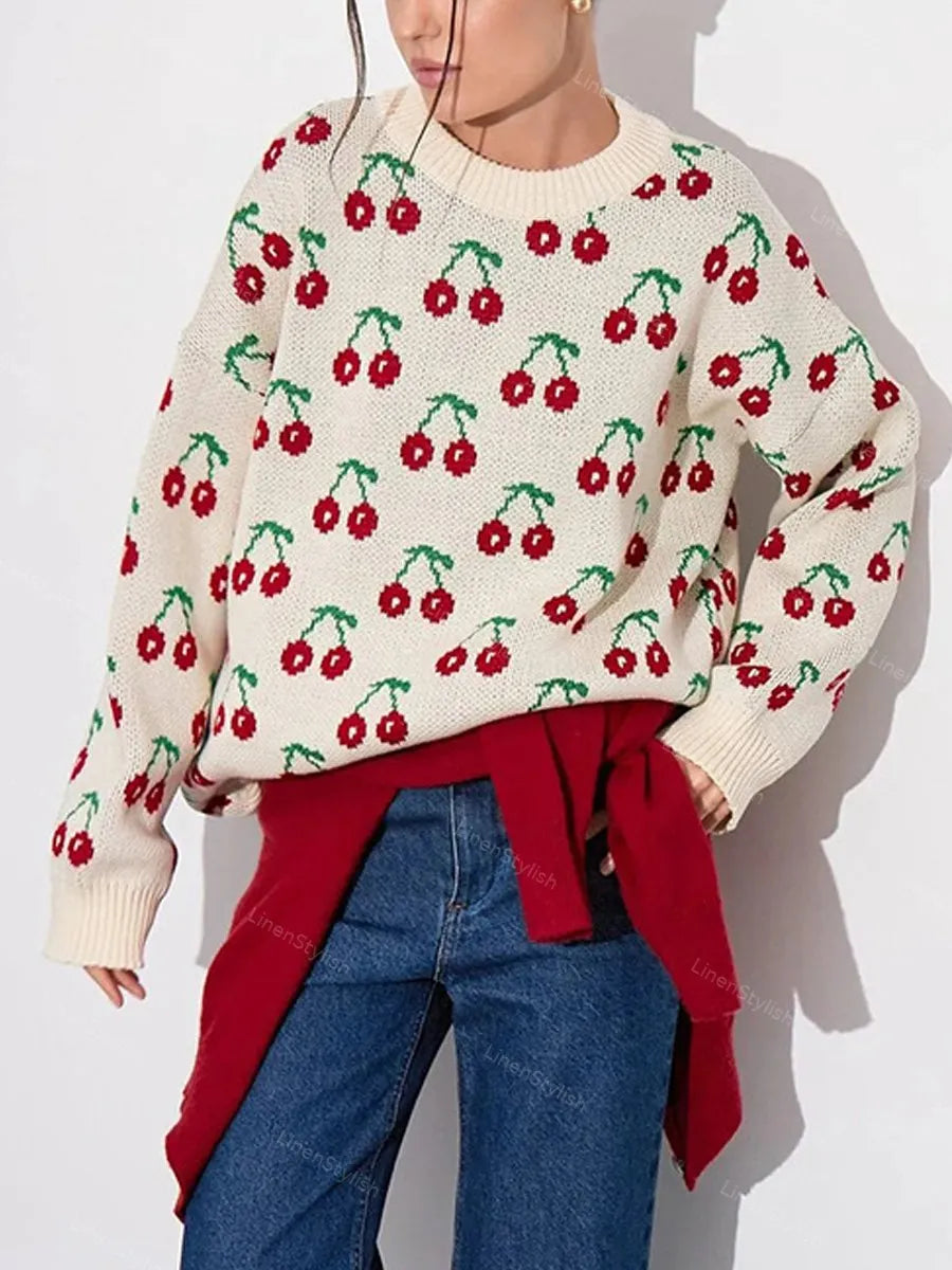 Cherry Print Loose Sweater
