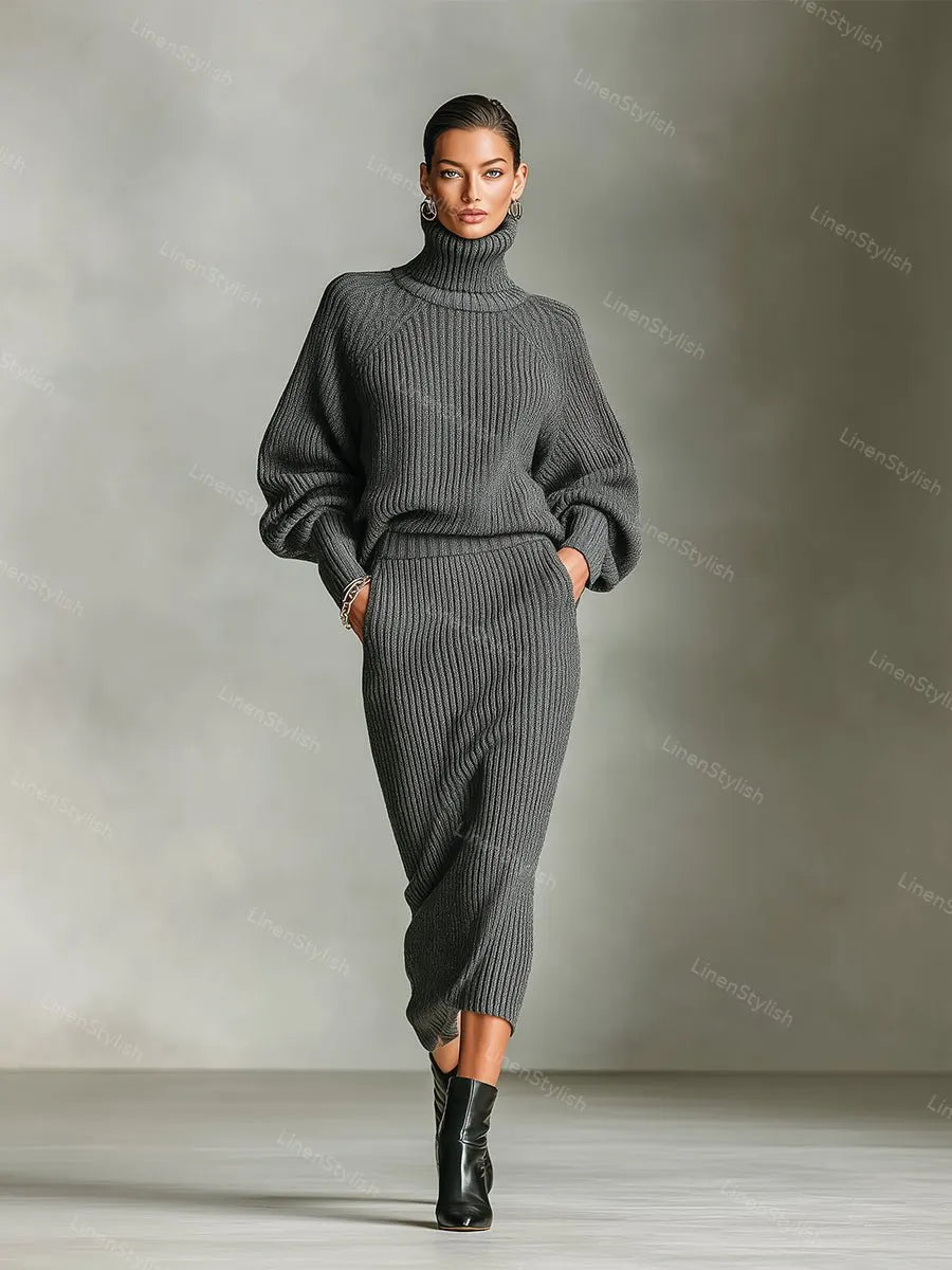 Simple Turtleneck Sweater Knitted Skirt Set