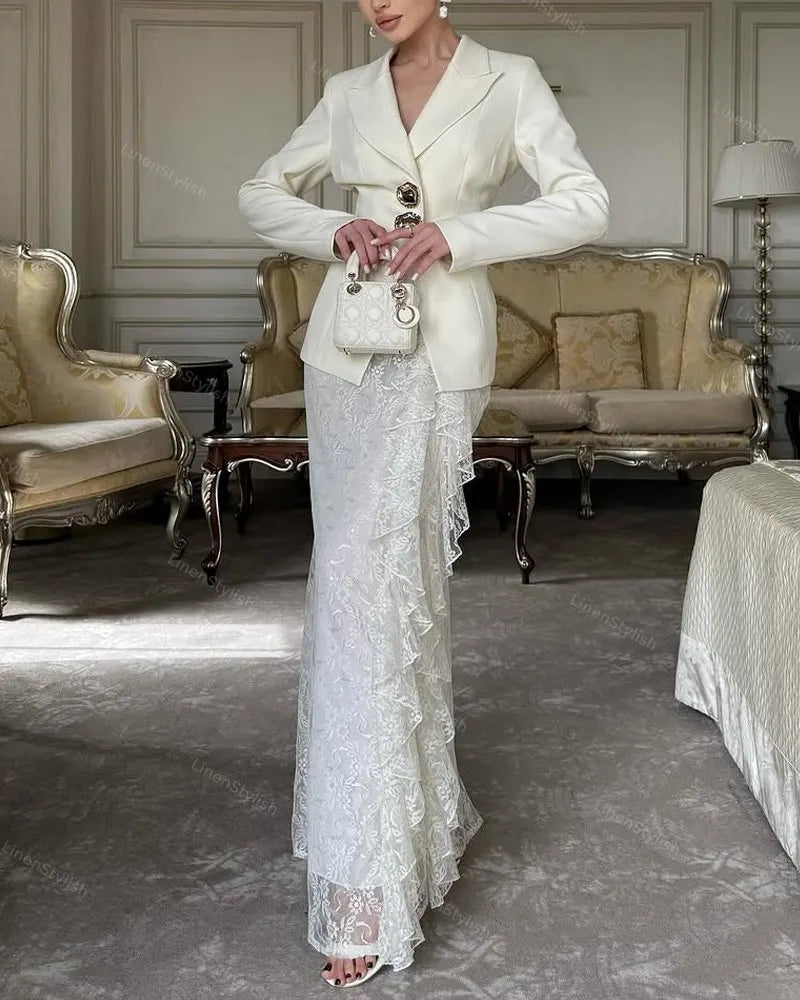Fashion Blazer & Lace Overskirt Two-piece Set
